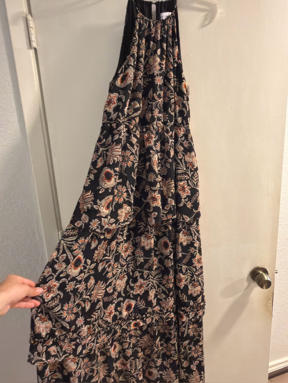 Lost + Wander Black Floral Halter Dress with Cream and Orange Print